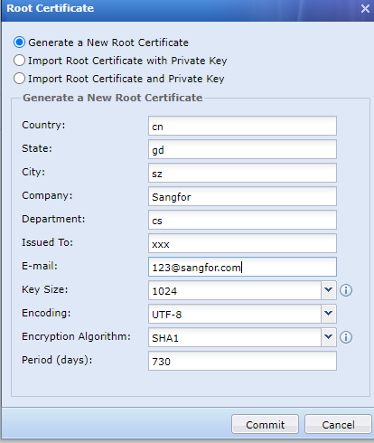 Root Certificate form filled with organization details