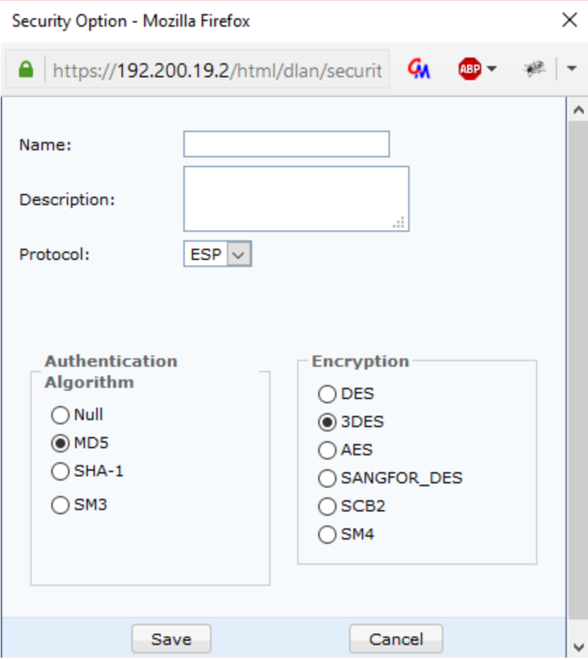 VPN Security Option configuration with authentication and encryption