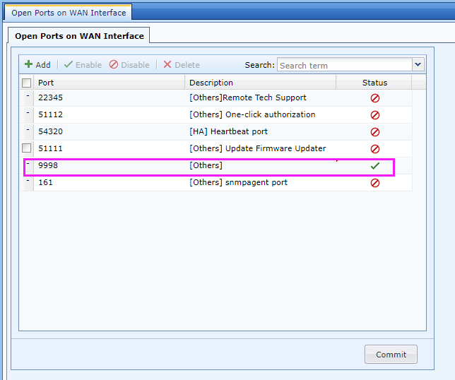 Open Ports on WAN Interface configuration