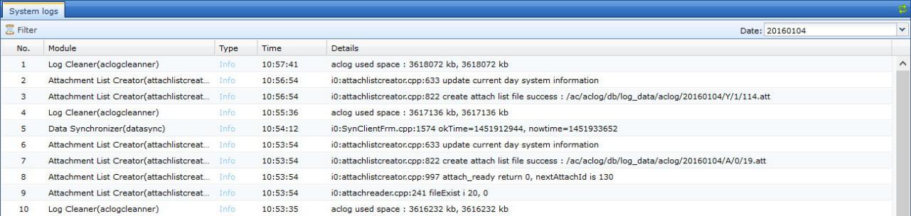 System Logs table with module and type details