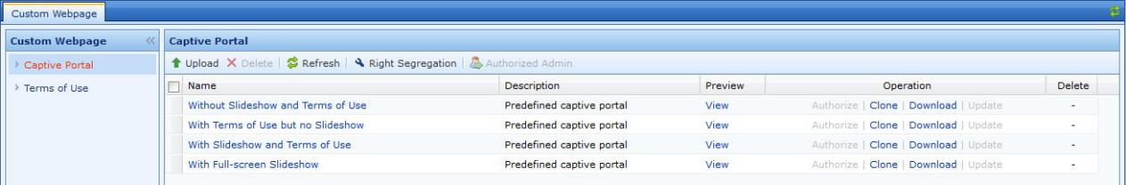 IAG Custom Webpage - Captive Portal Templates List