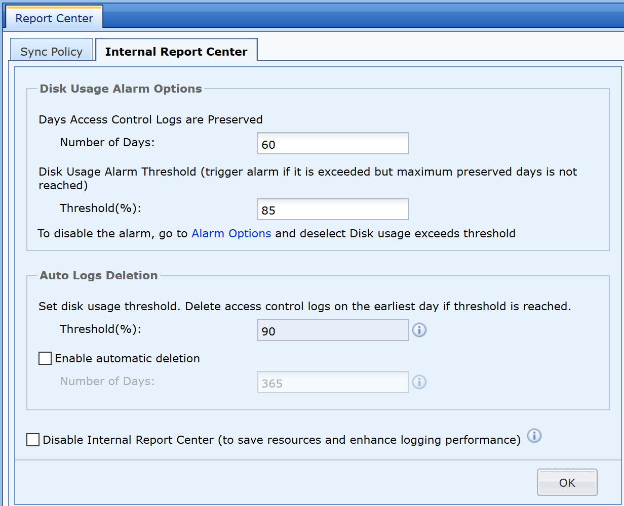 Report Center Internal Report settings