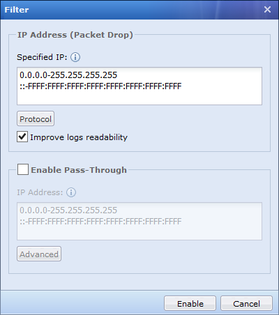 Troubleshooting Filter dialog with IP and protocol options