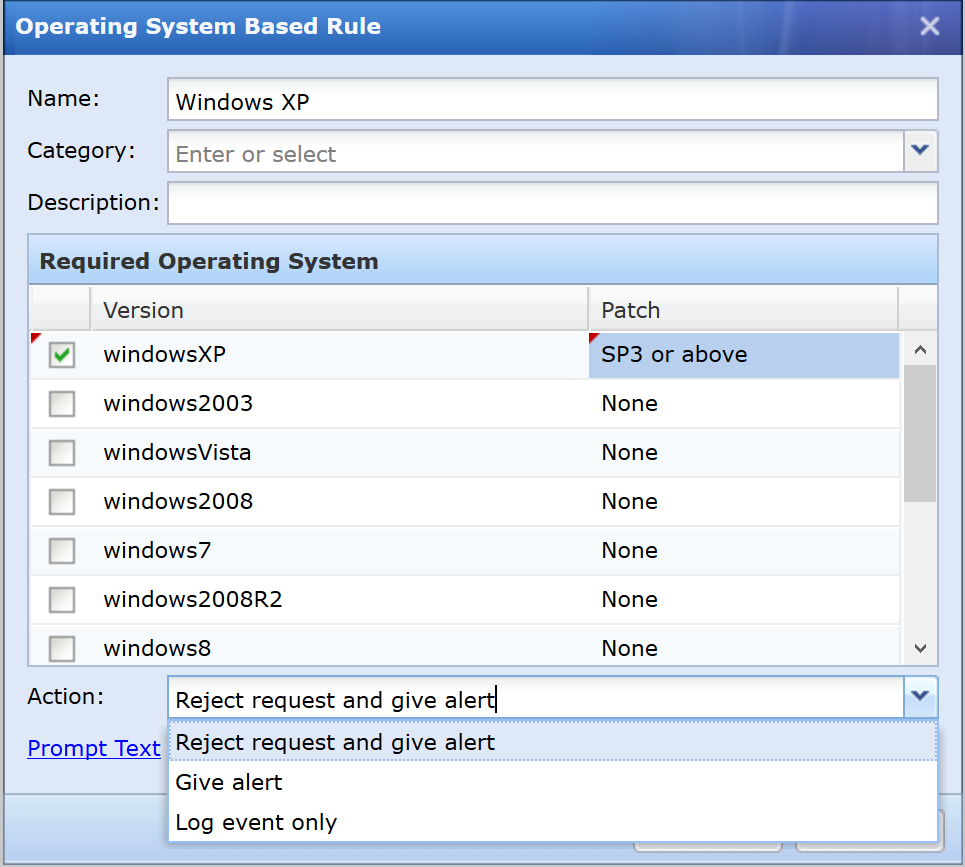 Operating System Based Rule configuration dialog