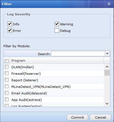 System Logs Filter dialog with severity and module options