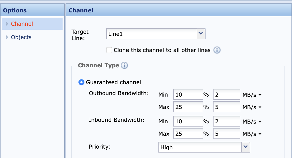 Add bandwidth channel with guaranteed type and priority settings