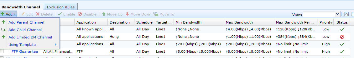 Bandwidth Channel Add menu showing Parent, Child and Limited BM Channel options