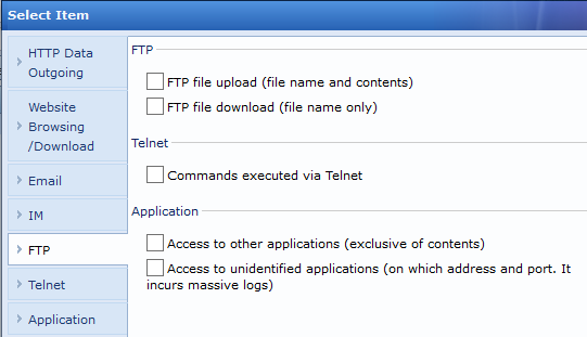 Select audit items including FTP upload download and Telnet commands