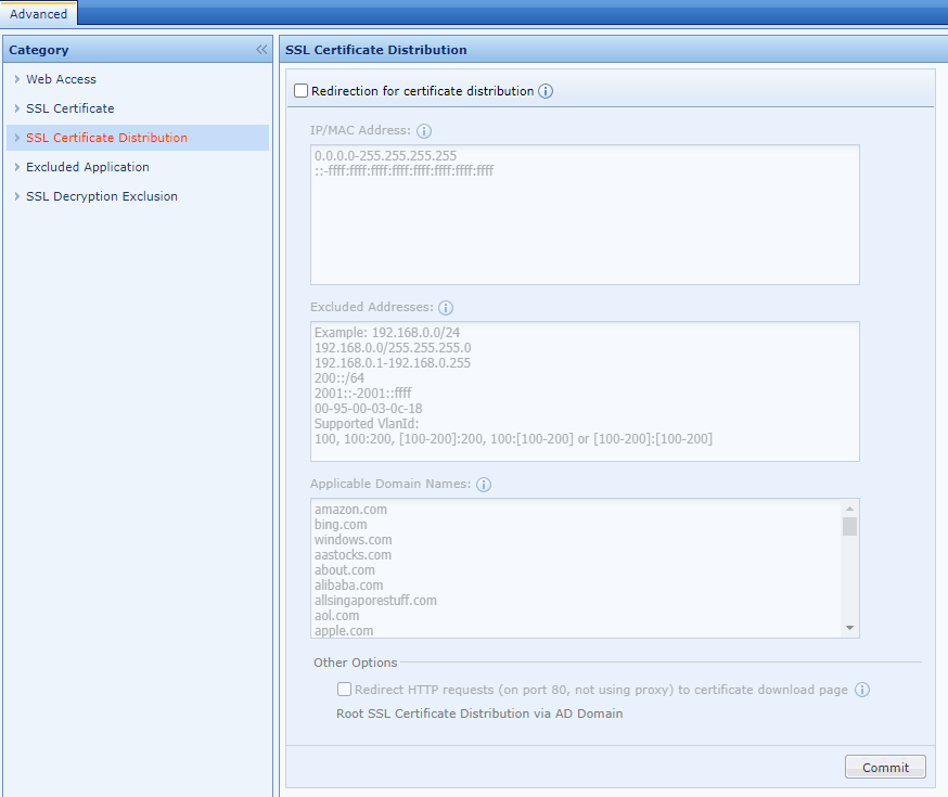 SSL Certificate Distribution settings page with IP and domain configuration