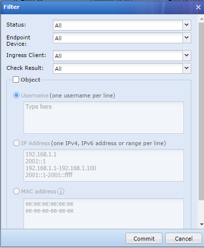 Online Users Filter dialog with status endpoint and IP options