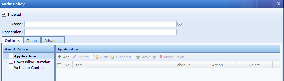 Audit Policy Options tab with Application and audit categories