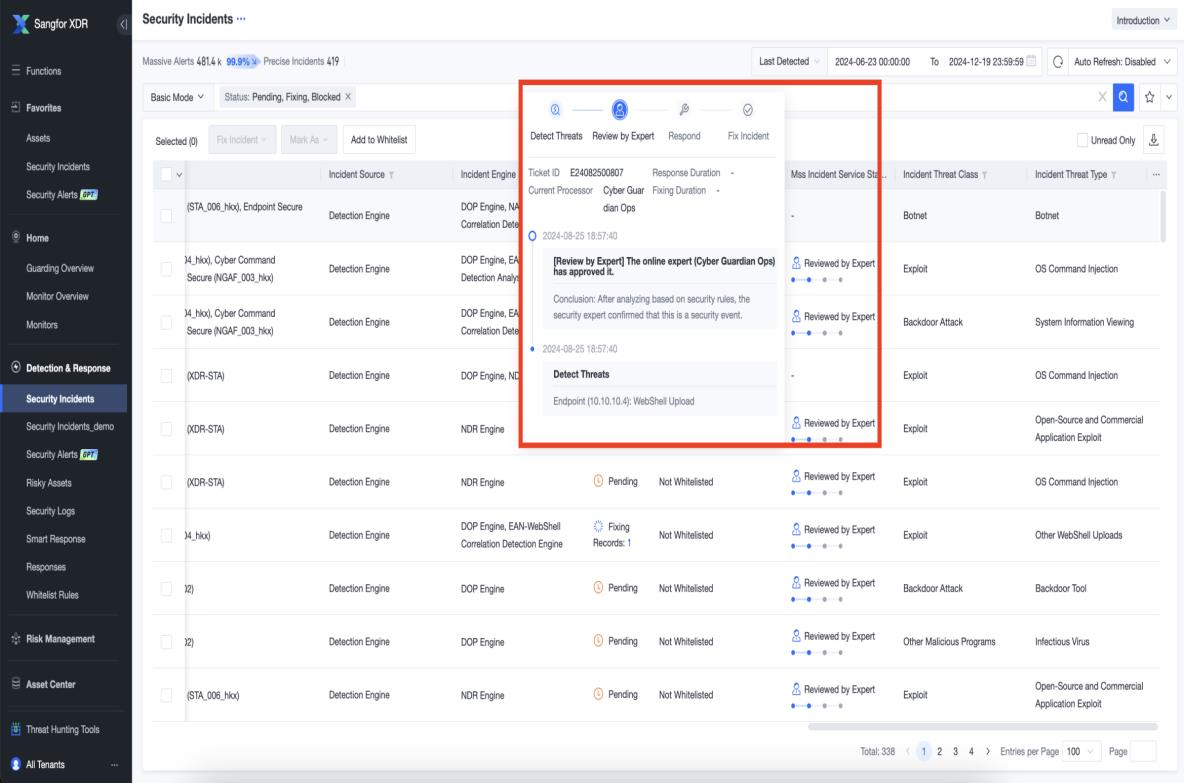 Security Incidents page showing incident list with filters and expanded details