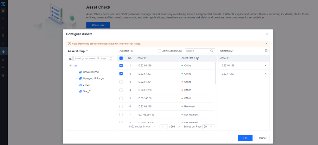 Configure Assets dialog for Asset Check