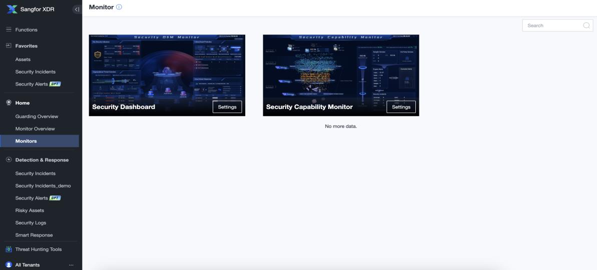 Monitors page showing Security Dashboard and Security Capability Monitor