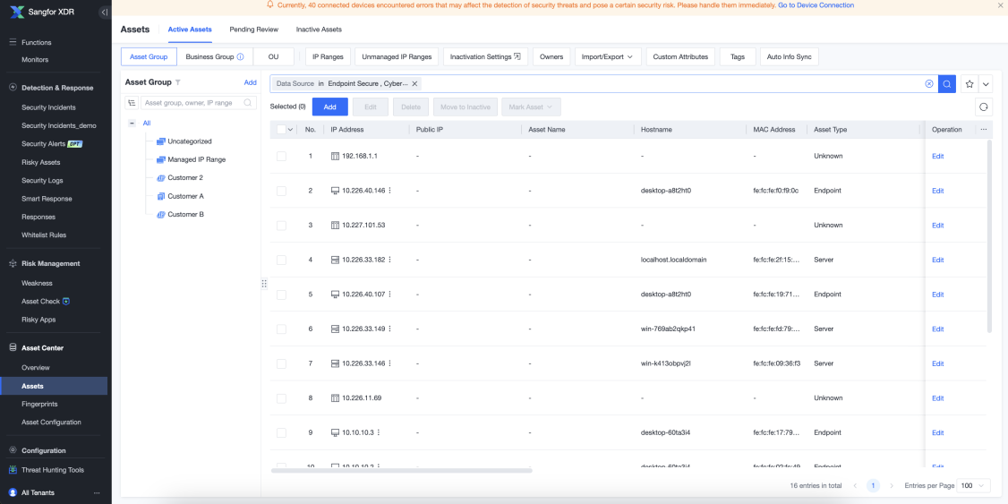 Active Assets list showing managed assets with details
