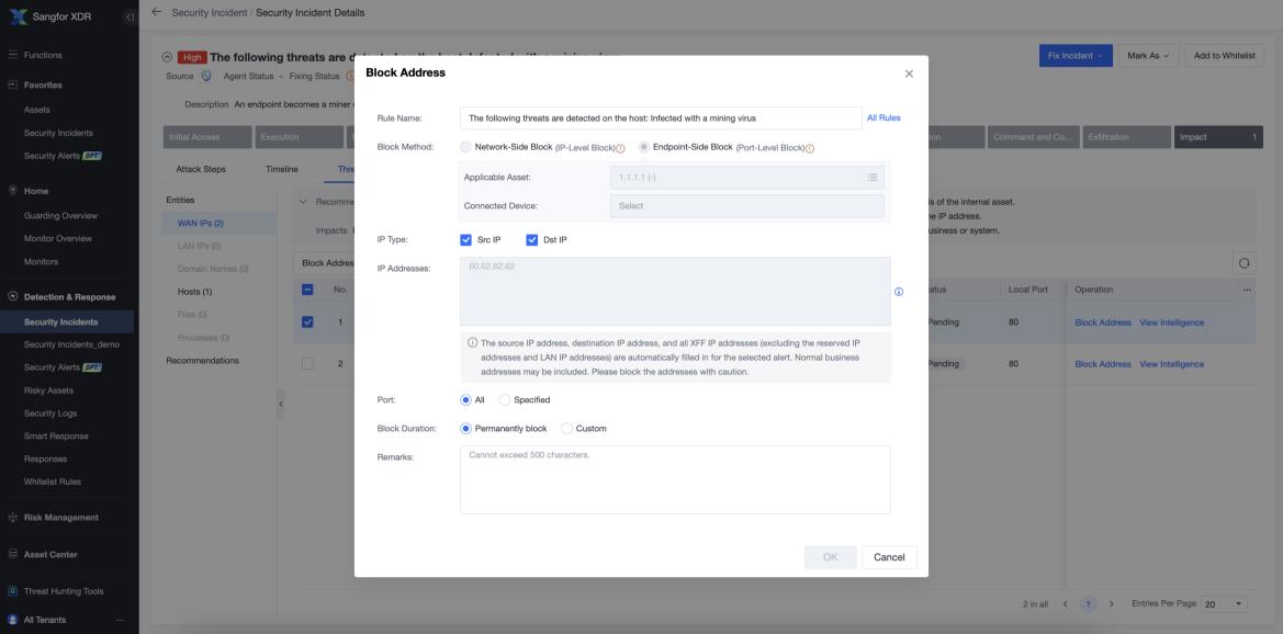 Security Incident Details page with Block Address dialog for threat response