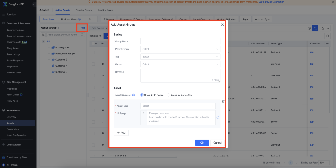 Add Asset Group dialog with group name, tag, owner and IP range settings