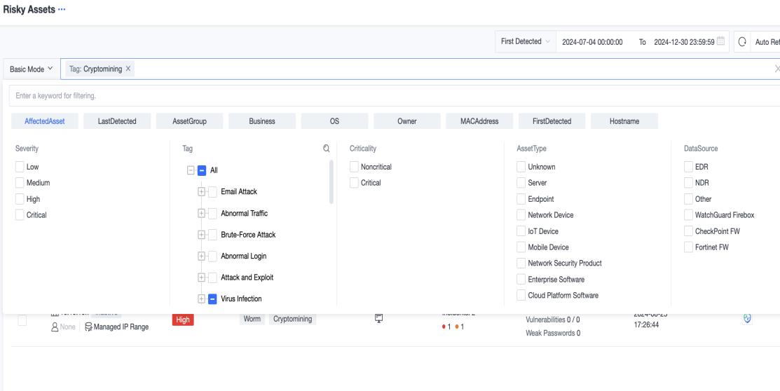 Risky Assets page with filter panel showing Severity, Tag, Criticality, and AssetType options