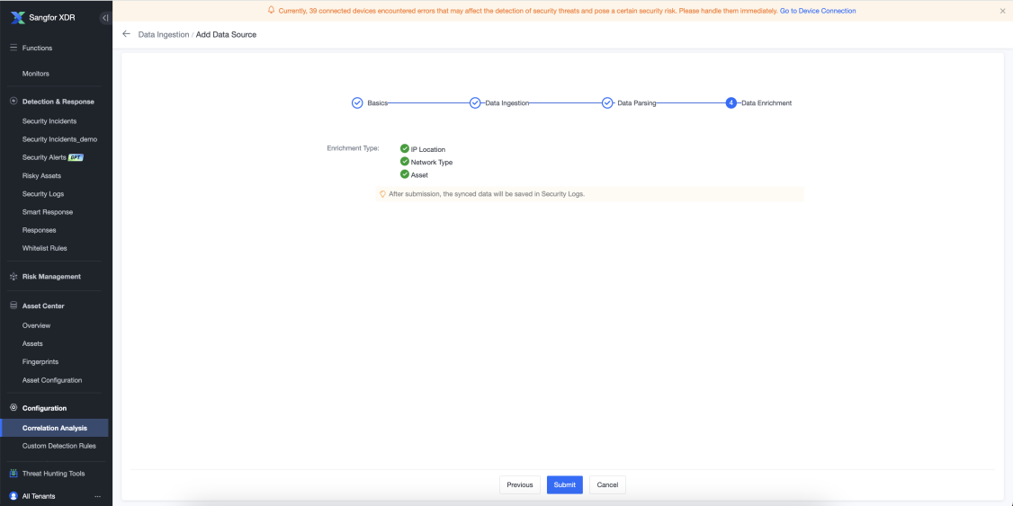 Add Data Source wizard - Data Enrichment step with IP Location and Network Type