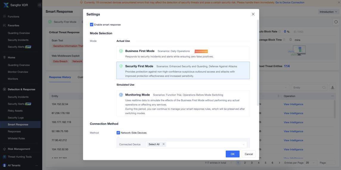 Smart Response Settings showing Mode Selection and Connection Method configuration