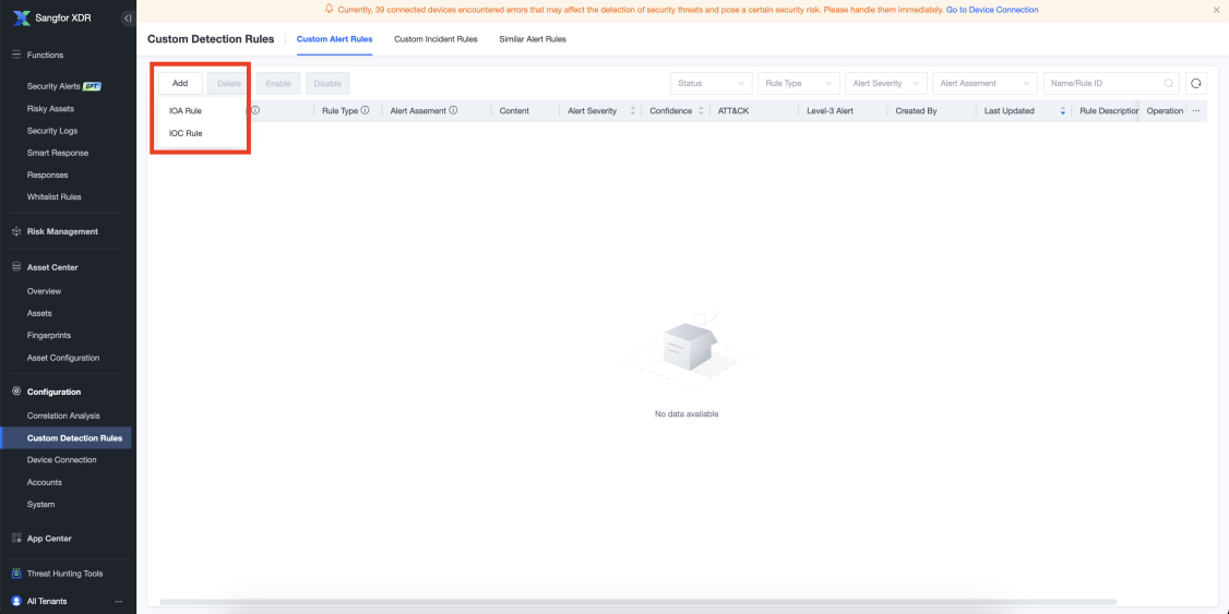 Custom Detection Rules page with Add dropdown showing IOA Rule and IOC Rule options