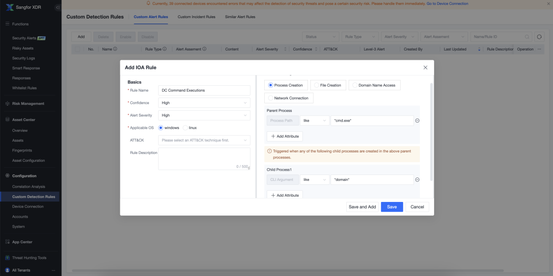 Add IOA Rule dialog for DC Command Executions with Parent Process and Child Process rule defining