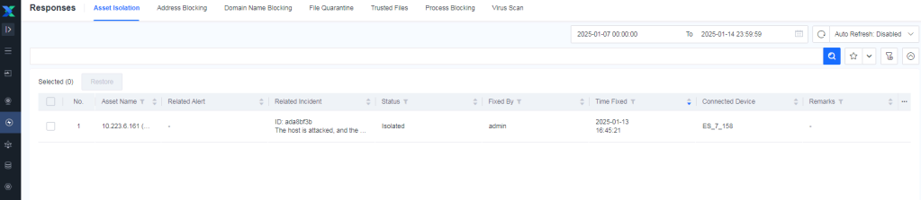 Responses Asset Isolation list showing isolated host with status