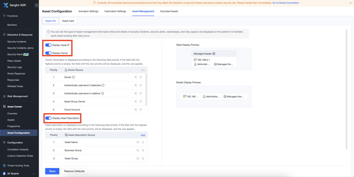 Asset Configuration Asset Management tab with Display Asset IP and Owner priority settings