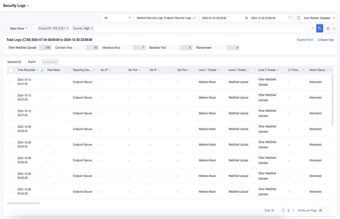 Security Logs page showing filtered log entries with threat categories and attack status