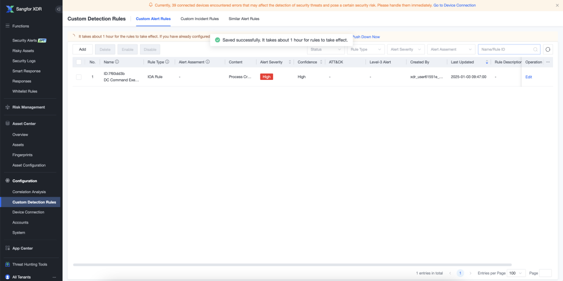Saved IOA Rule with Push Down Now button and success confirmation