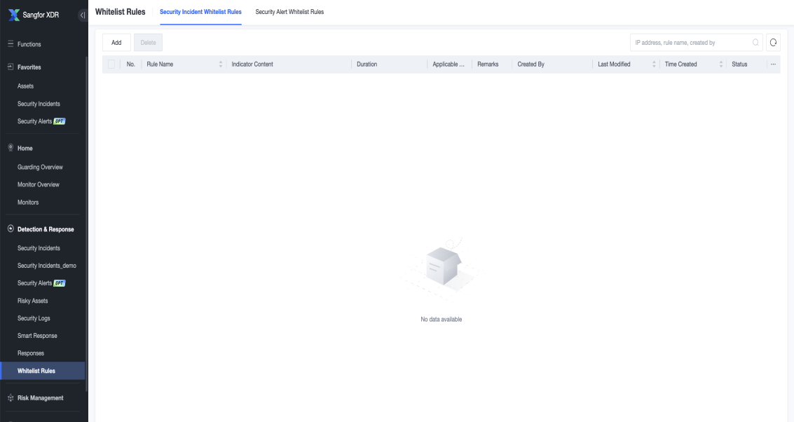 Whitelist Rules page with Security Incident and Security Alert Whitelist Rules tabs