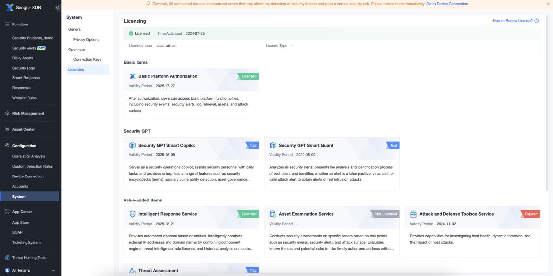 Licensing page showing Basic Items, Security GPT, and Value-Added Items with license status