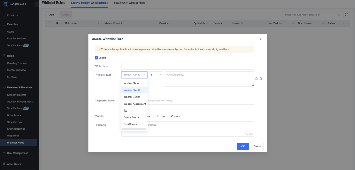 Create Whitelist Rule dialog with rule configuration options