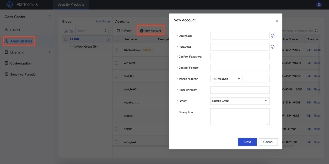 Platform-X Corp Center New Account dialog for creating new user