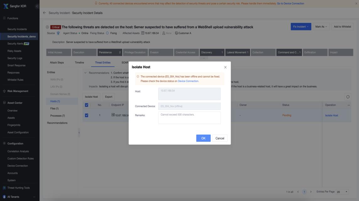 Isolate Host dialog showing host IP and connected device options