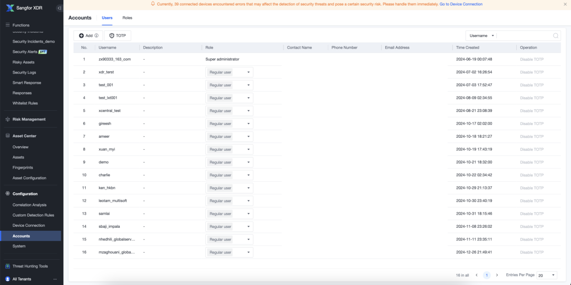 Accounts Users list showing usernames, roles and contact information