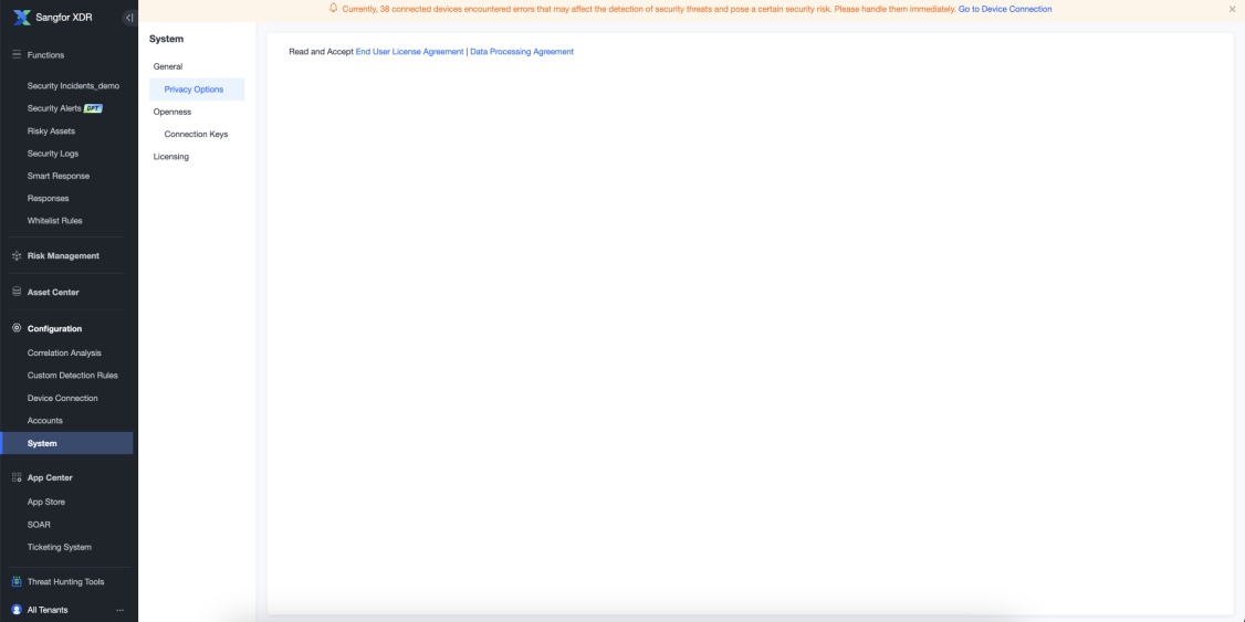System General Privacy Options page showing EULA and DPA links