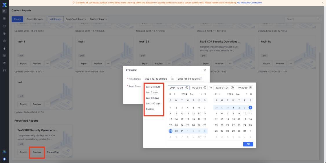 Custom Reports Preview dialog with time range selection