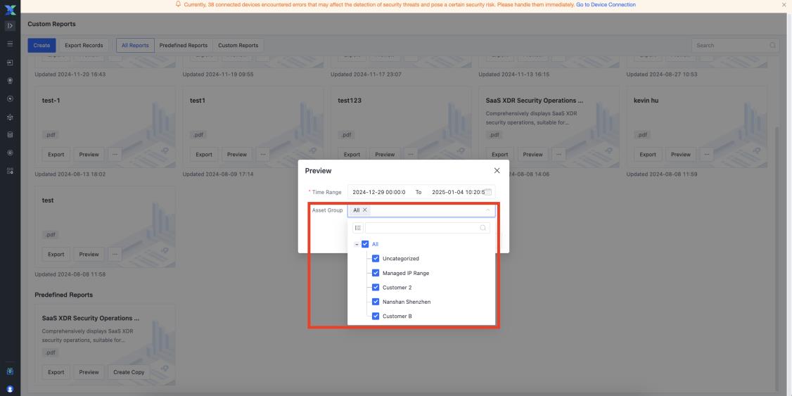Custom Reports Preview dialog with Asset Group selection filter