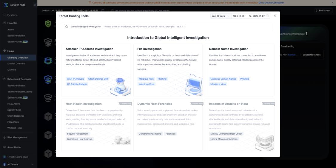 Threat Hunting Tools overview showing all investigation types including IP, File, Domain, and Host investigations