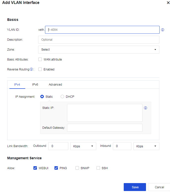 Add VLAN Interface - WAN attribute, Zone, IP settings