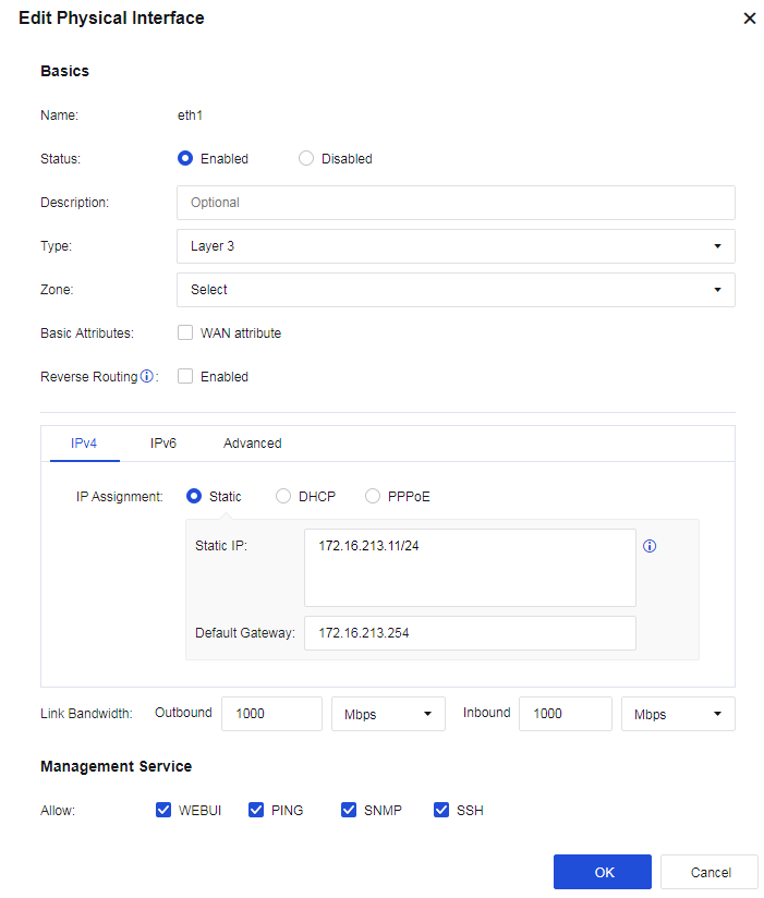 Edit Physical Interface - WAN attribute, IP, Zone, Bandwidth