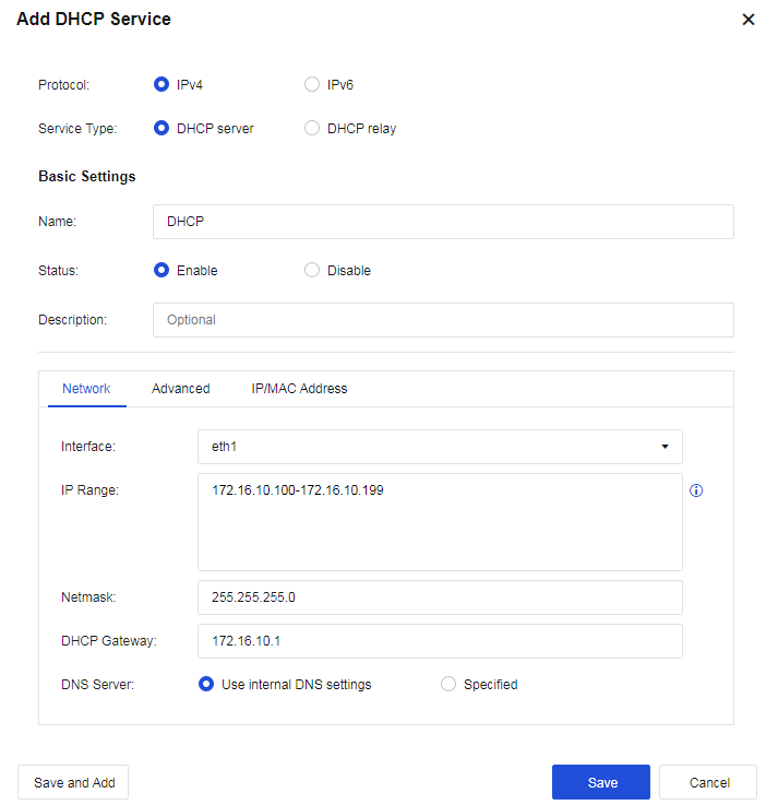 Add DHCP Service - IP Range, Netmask, Gateway, DNS