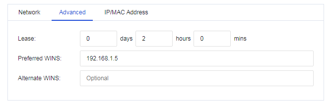 DHCP Advanced settings - Lease time, WINS server