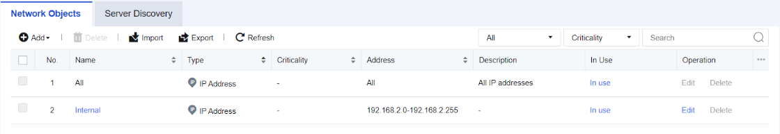 Network Objects list page