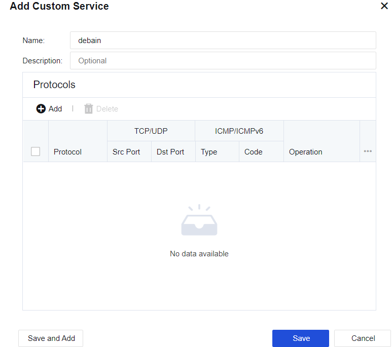 Add Custom Service - Protocol, Src Port, Dst Port