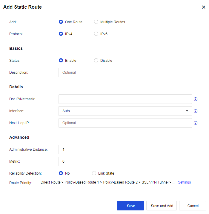 Add Static Route - Dst IP, Interface, Next-Hop, Route Priority