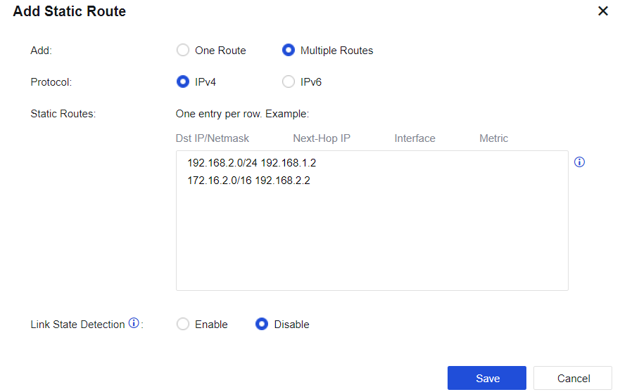 Add Static Route - Multiple Routes mode