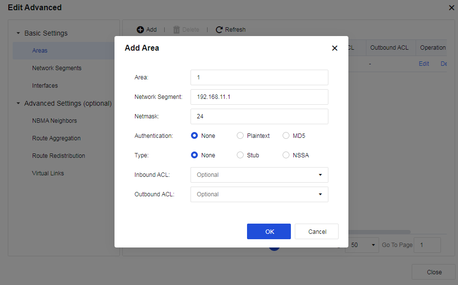 OSPF Edit Advanced - Add Area with Network Segment, Authentication, Type