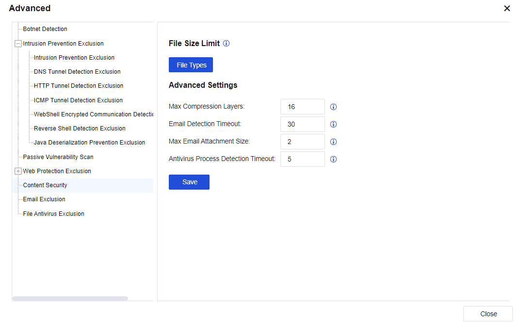 NGAF web UI showing File Types dialog with file categories (movie, music, image, text), file extensions, and Max File Size settings